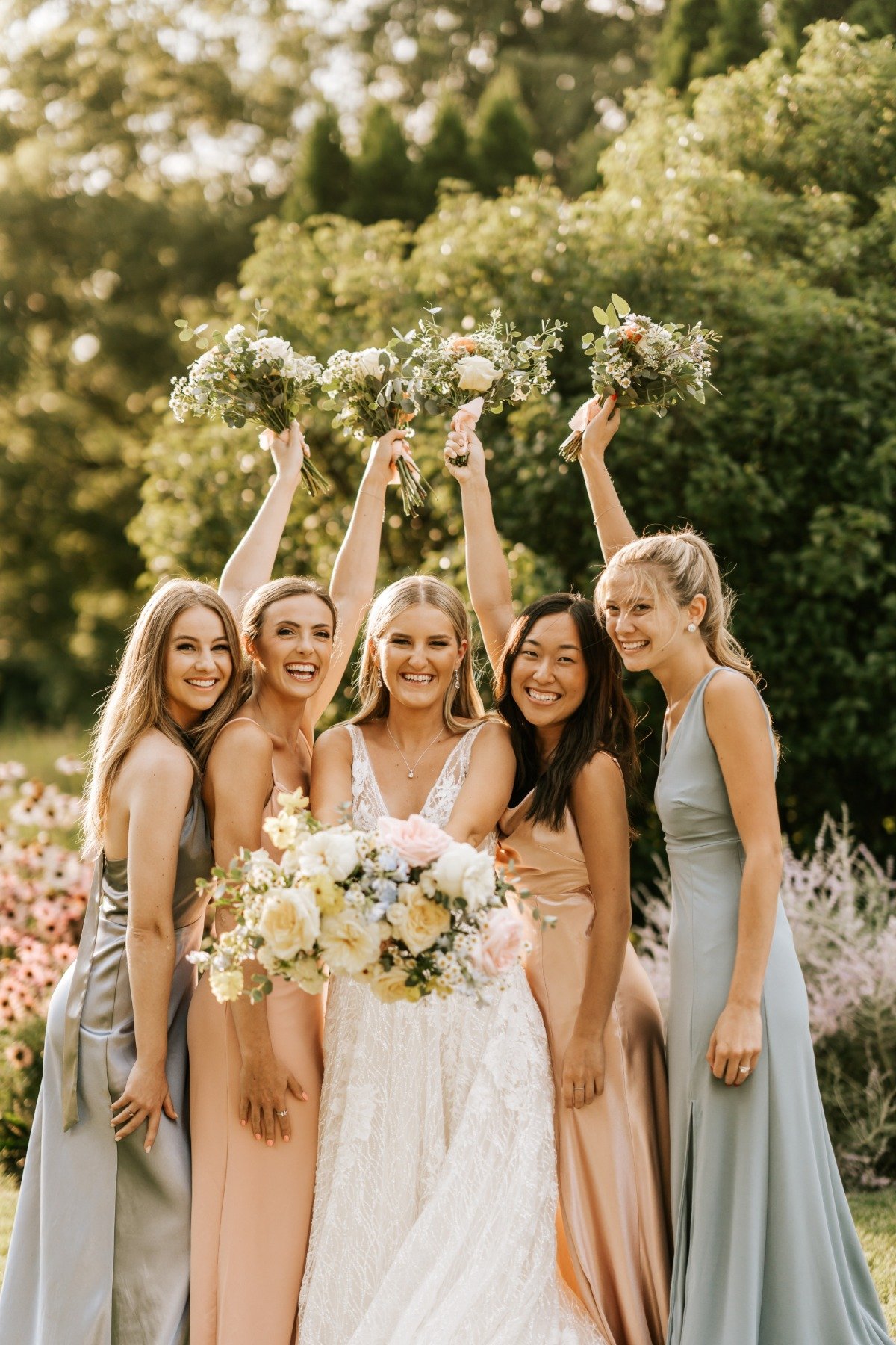 Pink and blue Birdy Grey bridesmaids 