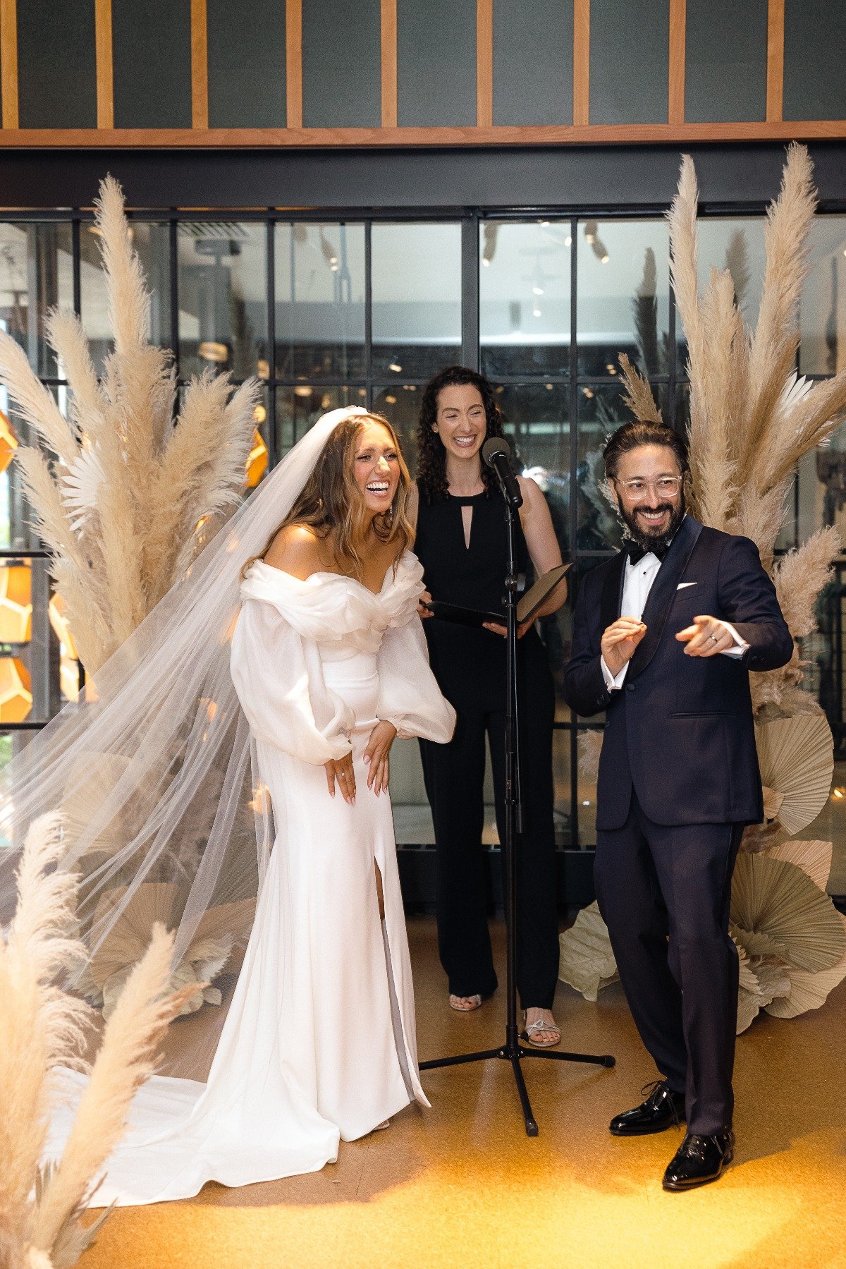 Cheerful bride and groom at NY wedding 