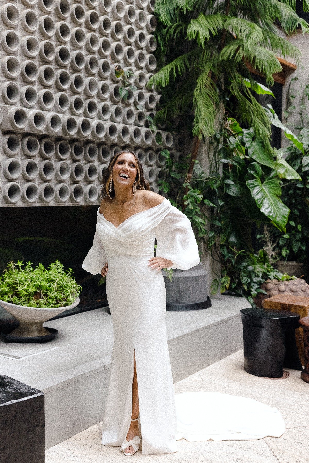 Bride in modern organza wedding dress 