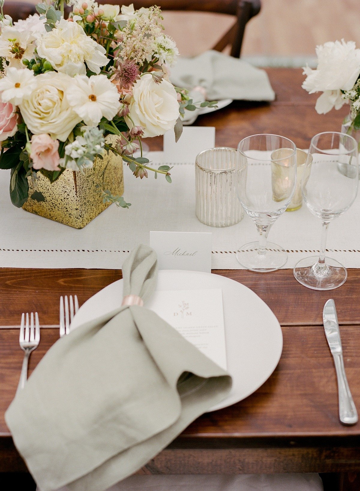 sage green cream and pink centerpieces