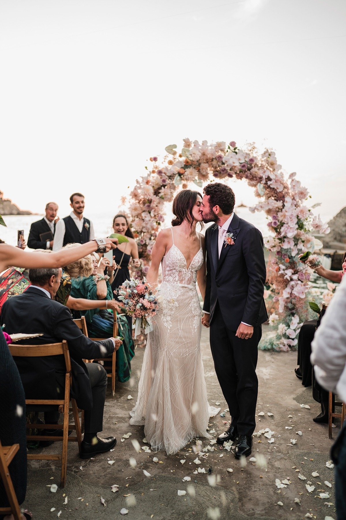 pink and white floral arch