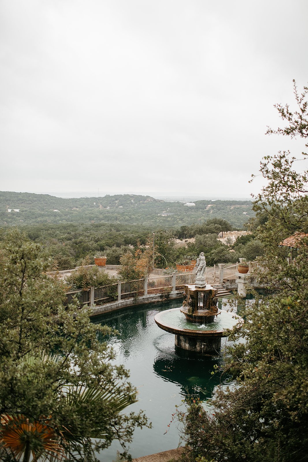 beautiful fountain at villa antonia in texas hill country