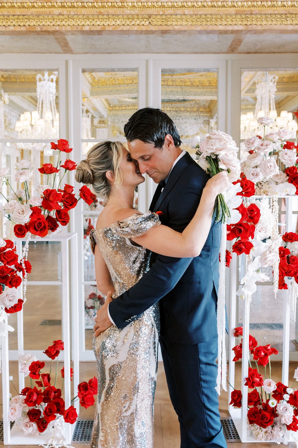 Romantic French wedding photography with red roses 