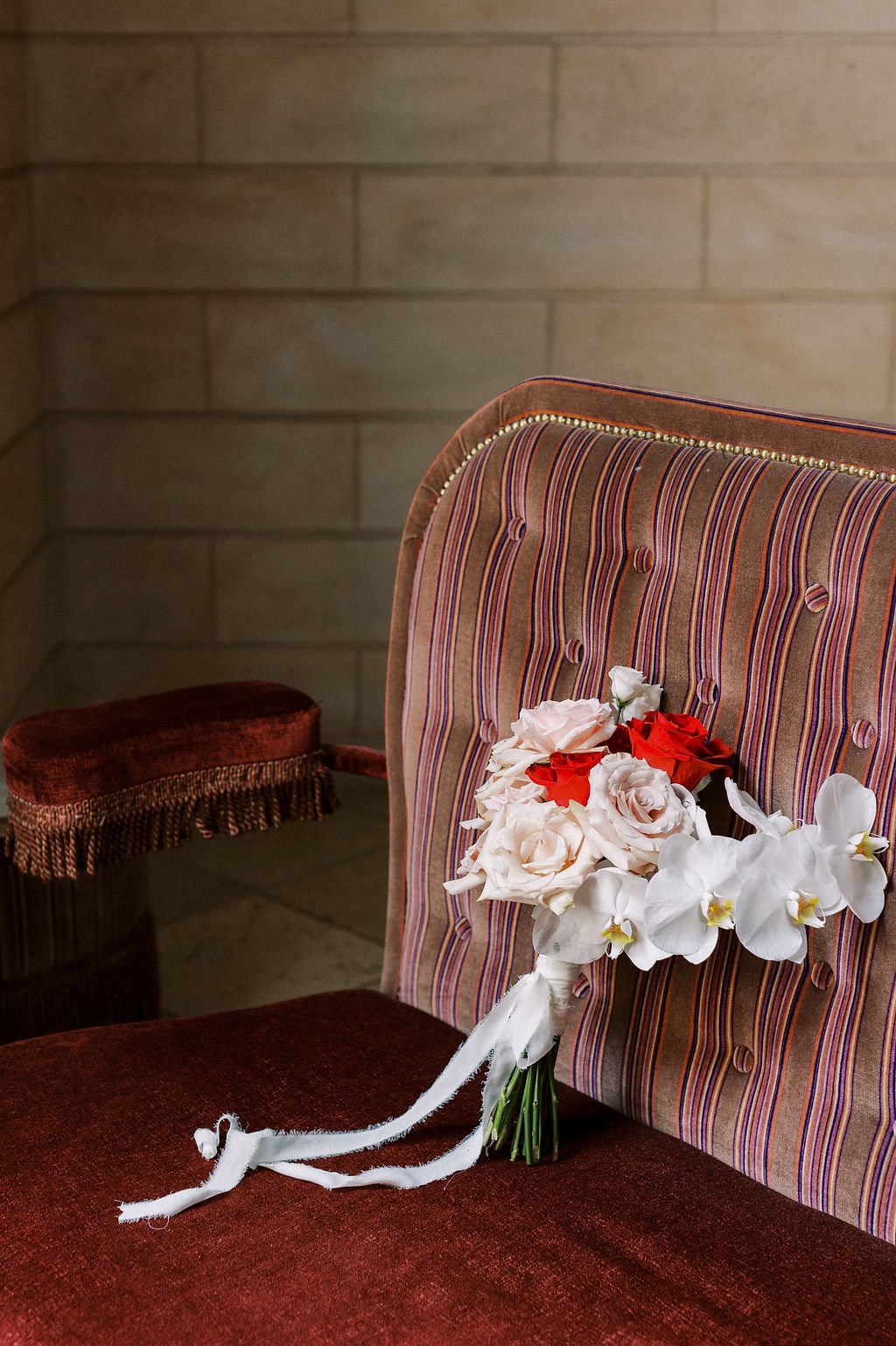 Elegant rose and white orchid bouquet for French wedding