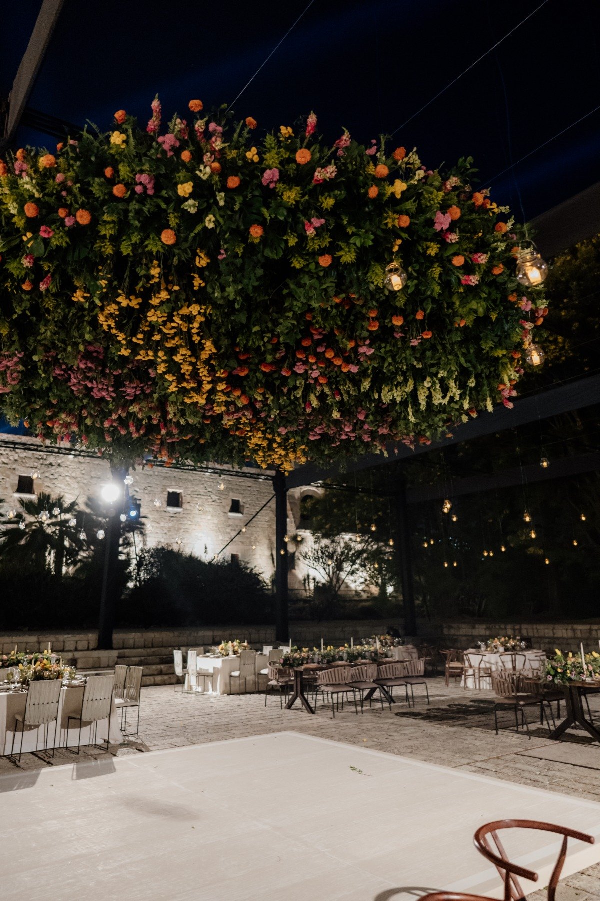 cloud-like dance floor floral installation