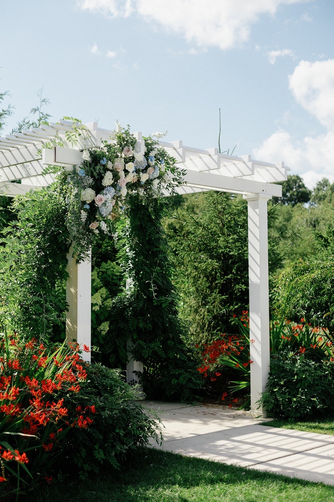 blue and white hydrangea installation