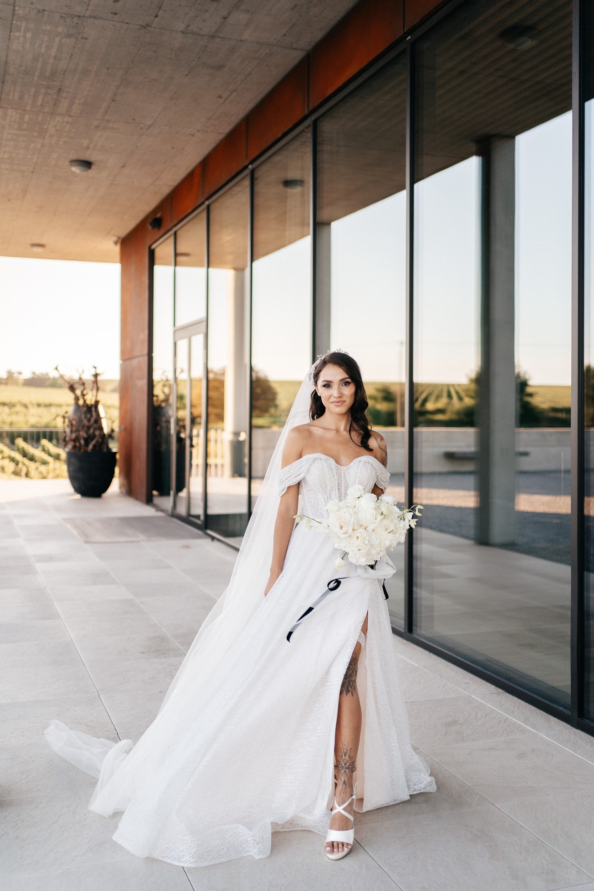 off-the-shoulder wedding dress