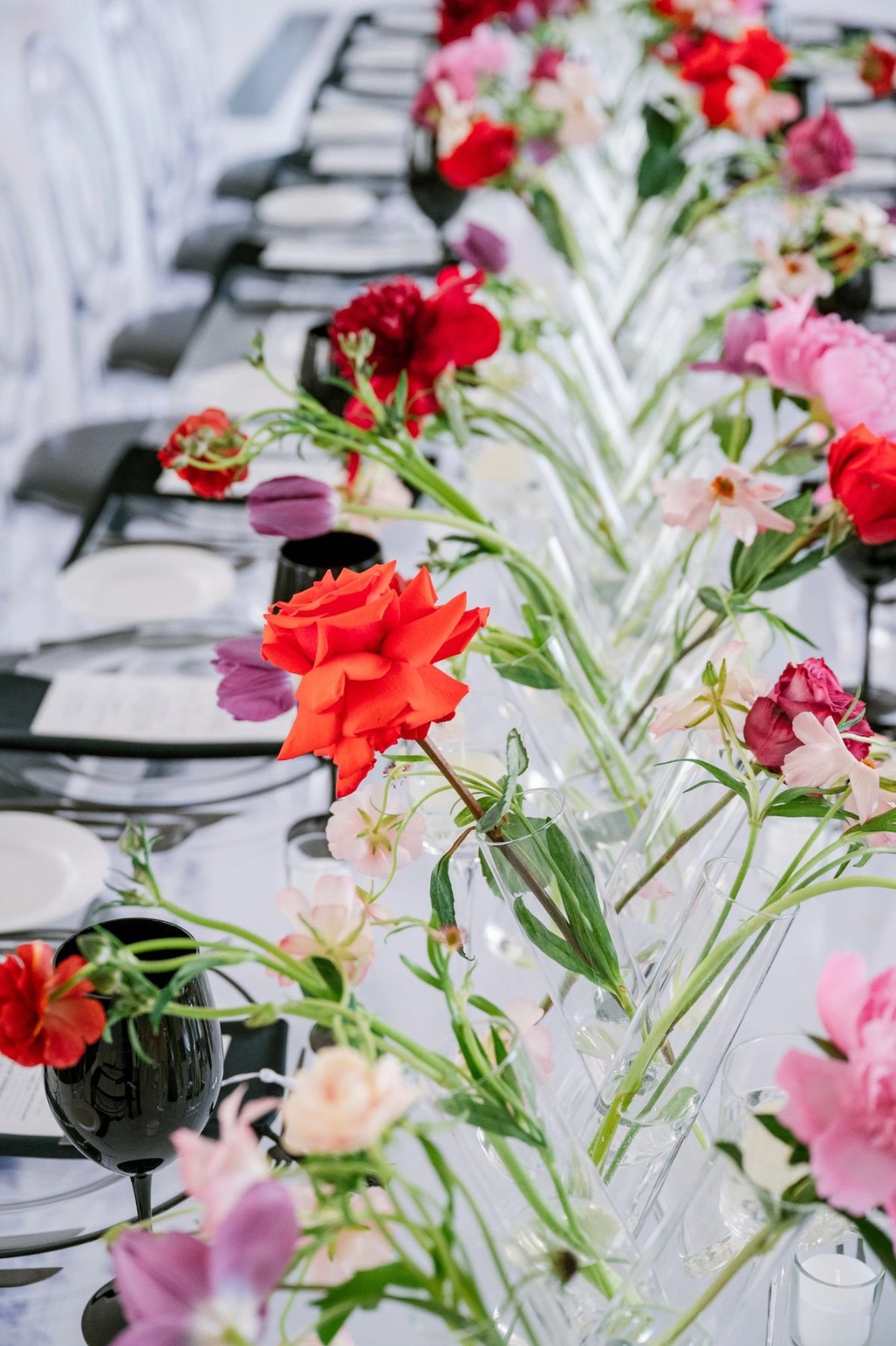 test tube wedding flower arrangements in pink and red