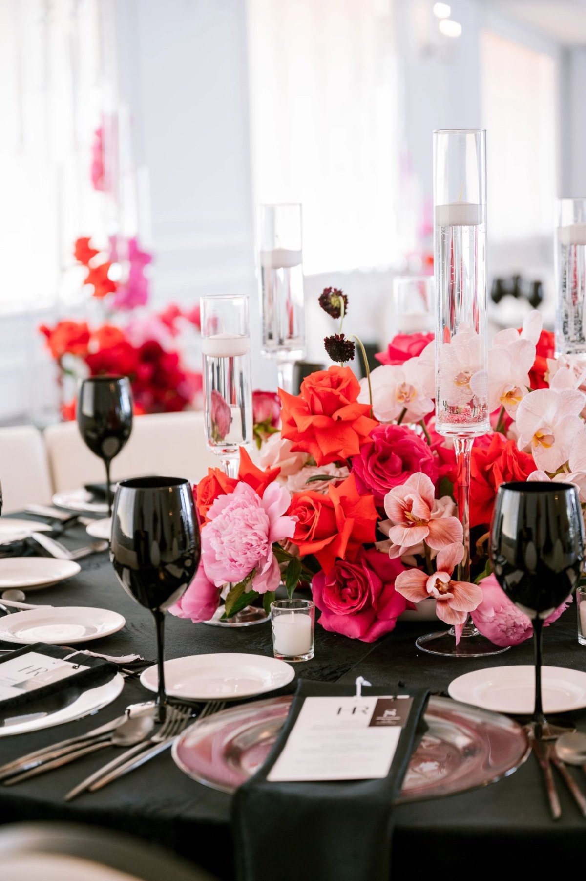 black pink and red wedding decor