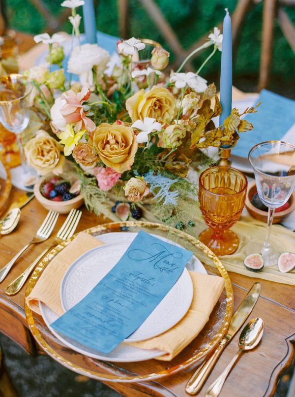 dusty blue menus at each place setting