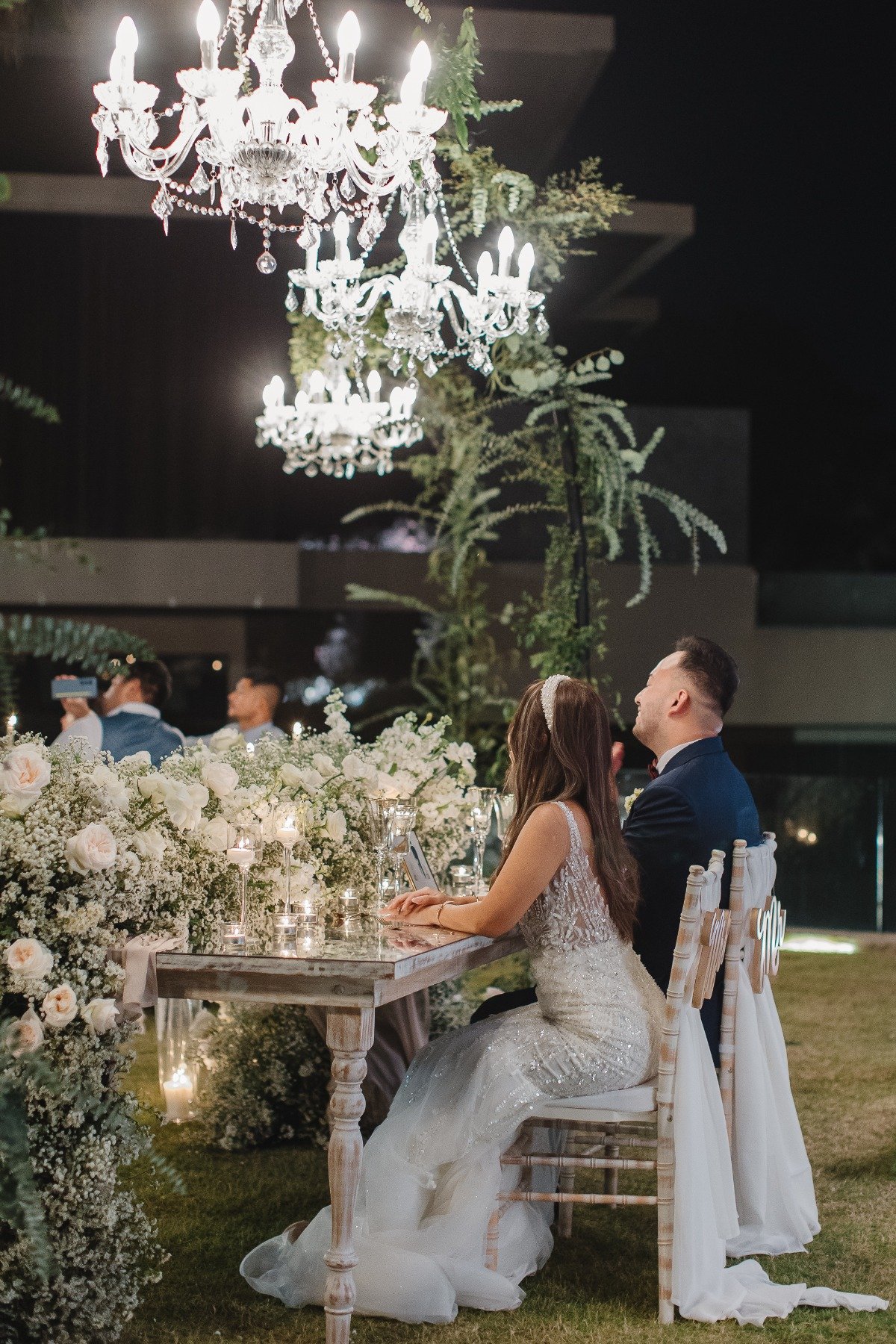 large white rose and baby's breath floral table runner