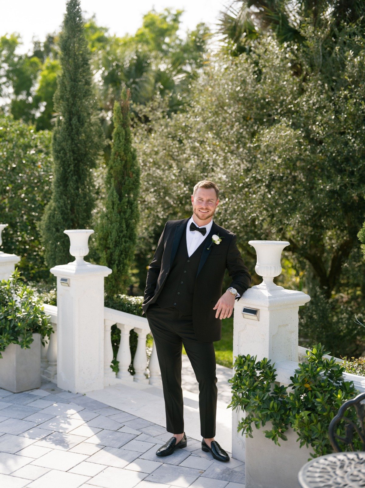 classic black-tie suit with tapered pants