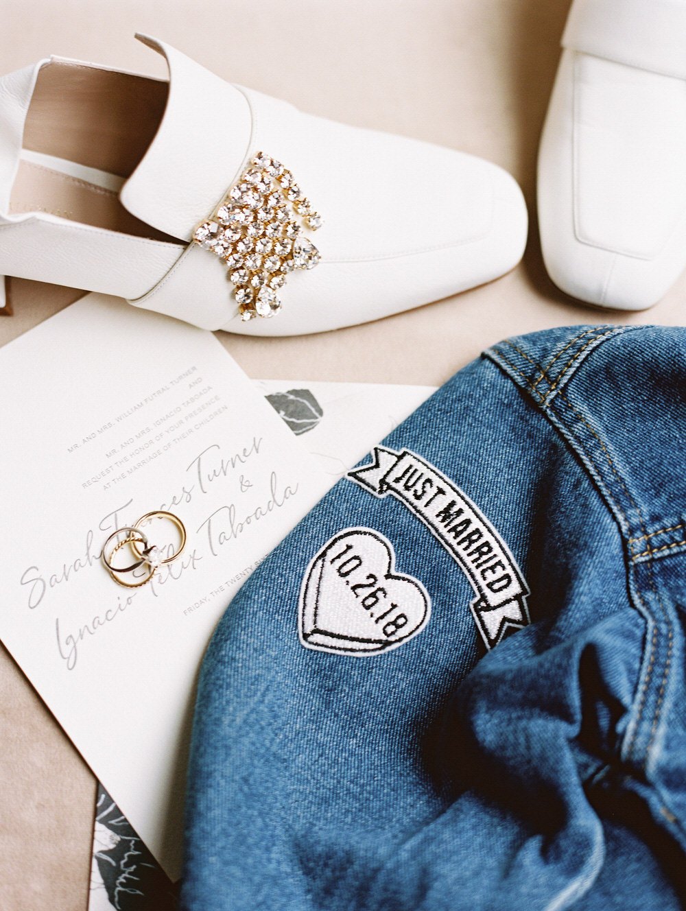 bridal details with custom jean jacket and heels