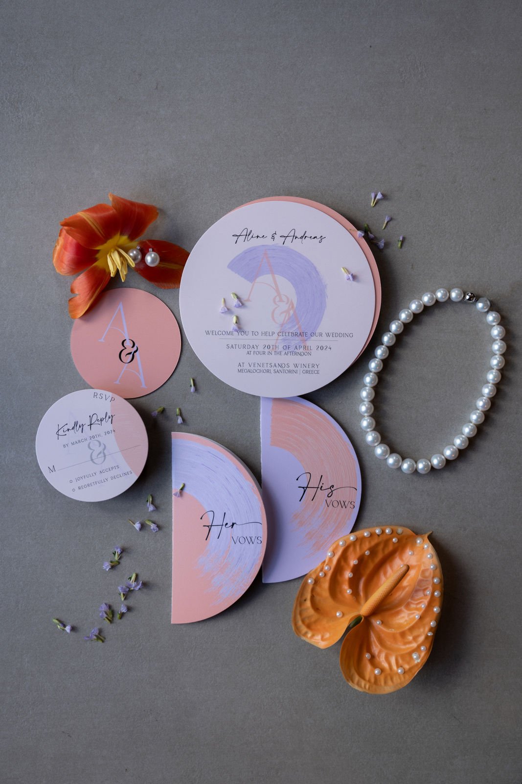 lavender and pink circular wedding invitations