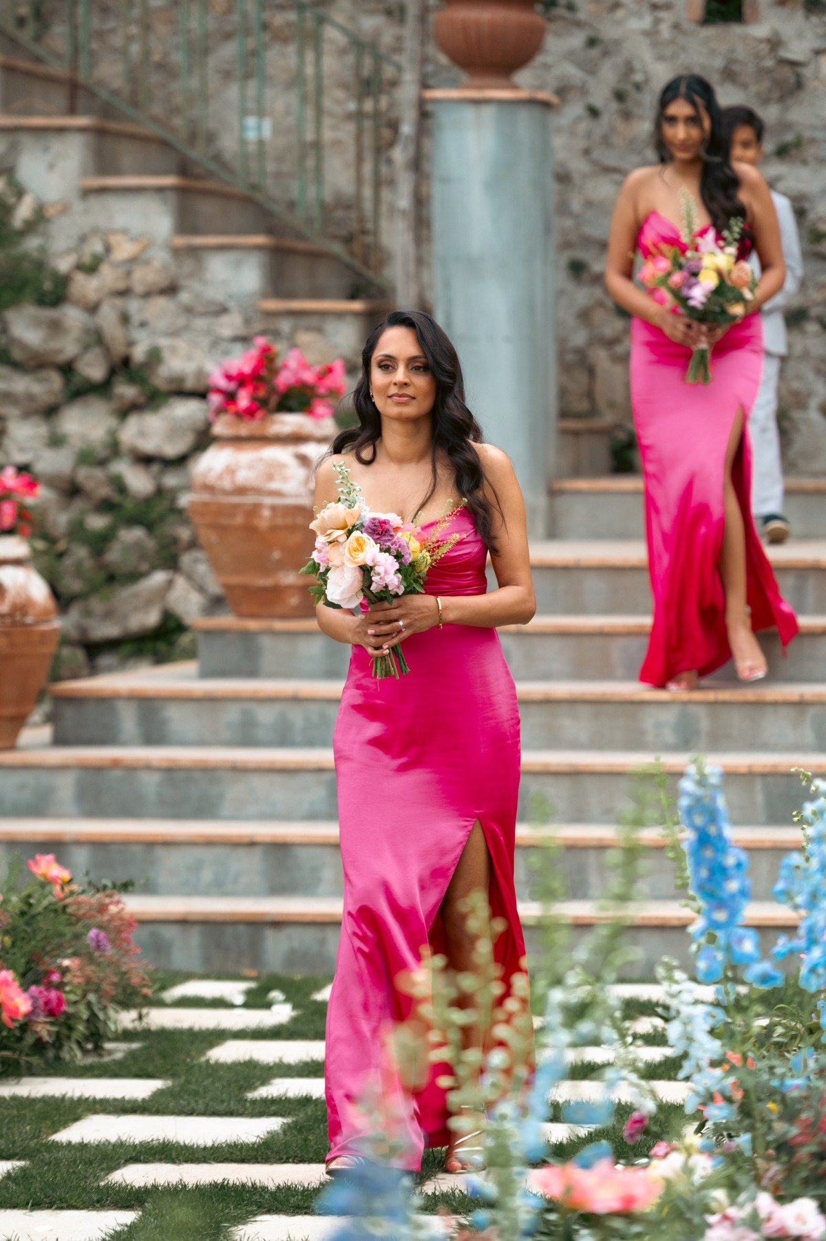 colorful wedding ceremony ideas with hot pink bridesmaid dresses