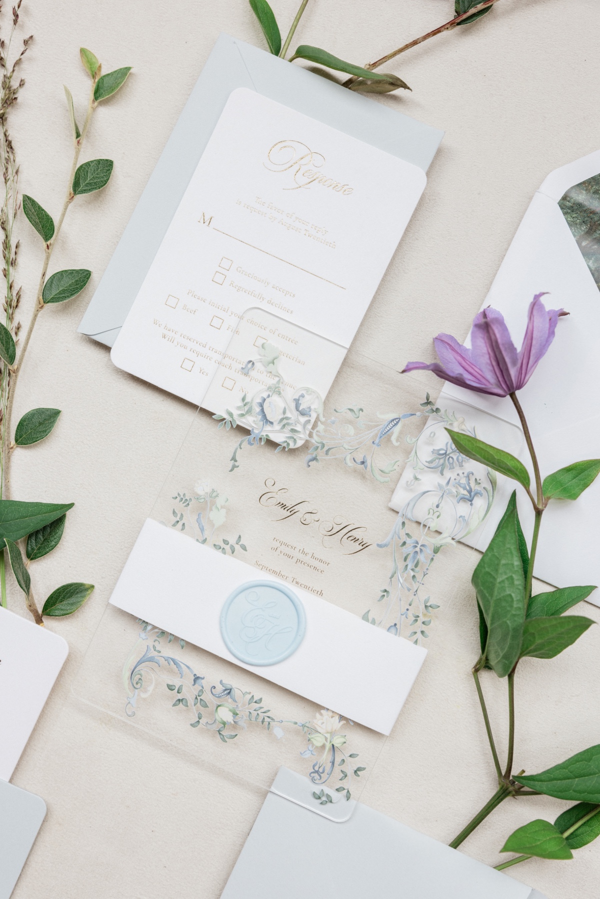 clear floral wedding invitations