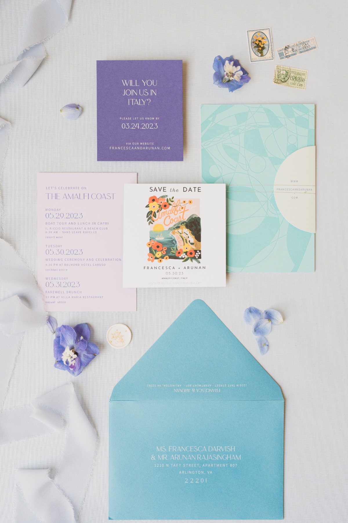 blue and purple wedding invitation suite