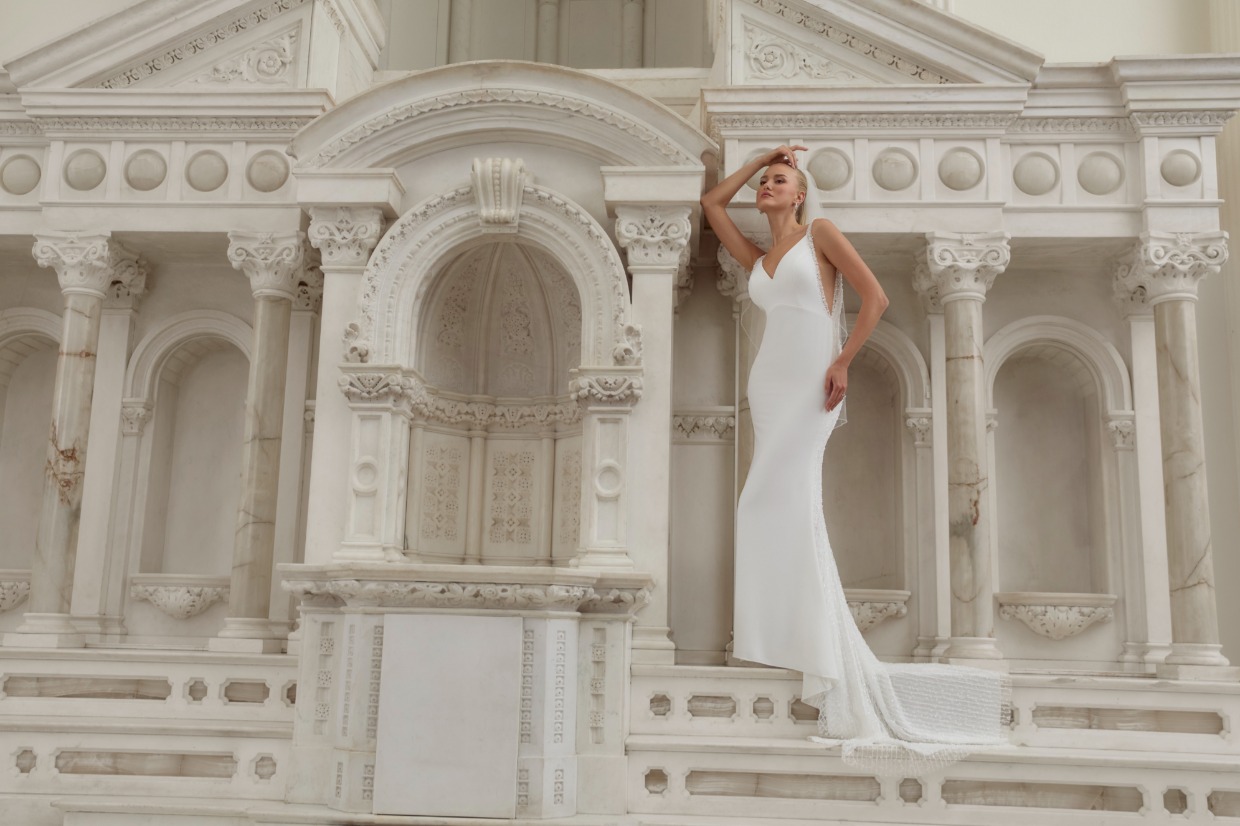 crepe mermaid gown with plunging side panel by casablanca bridal