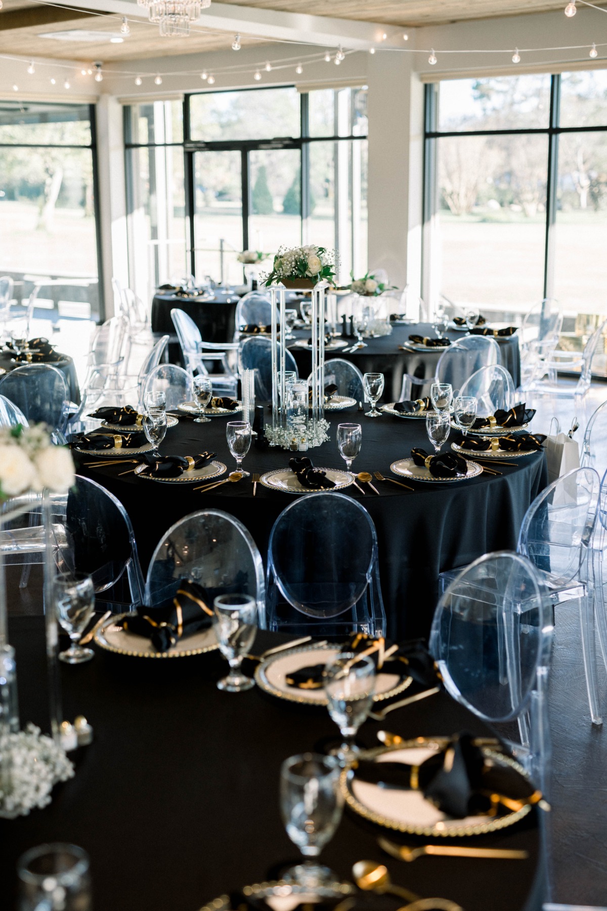 black and white wedding reception tables