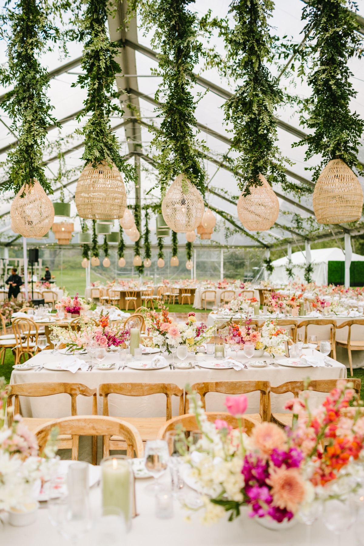 vines on chandeliers for wedding reception