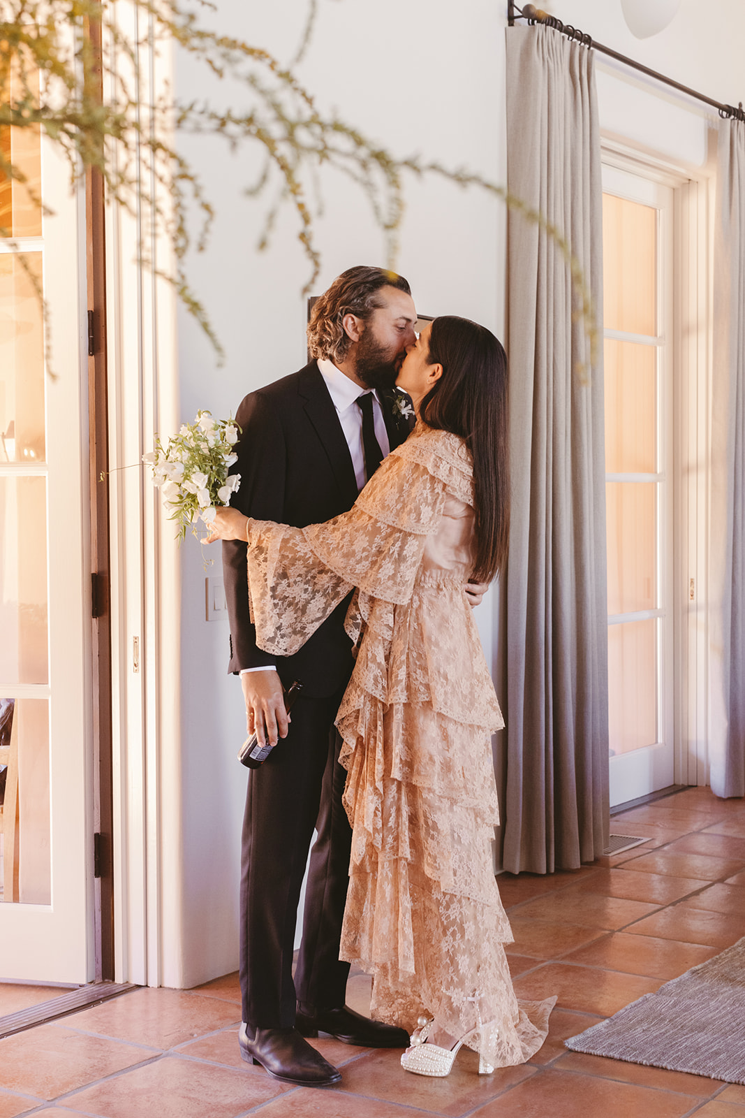 peach lace wedding dress