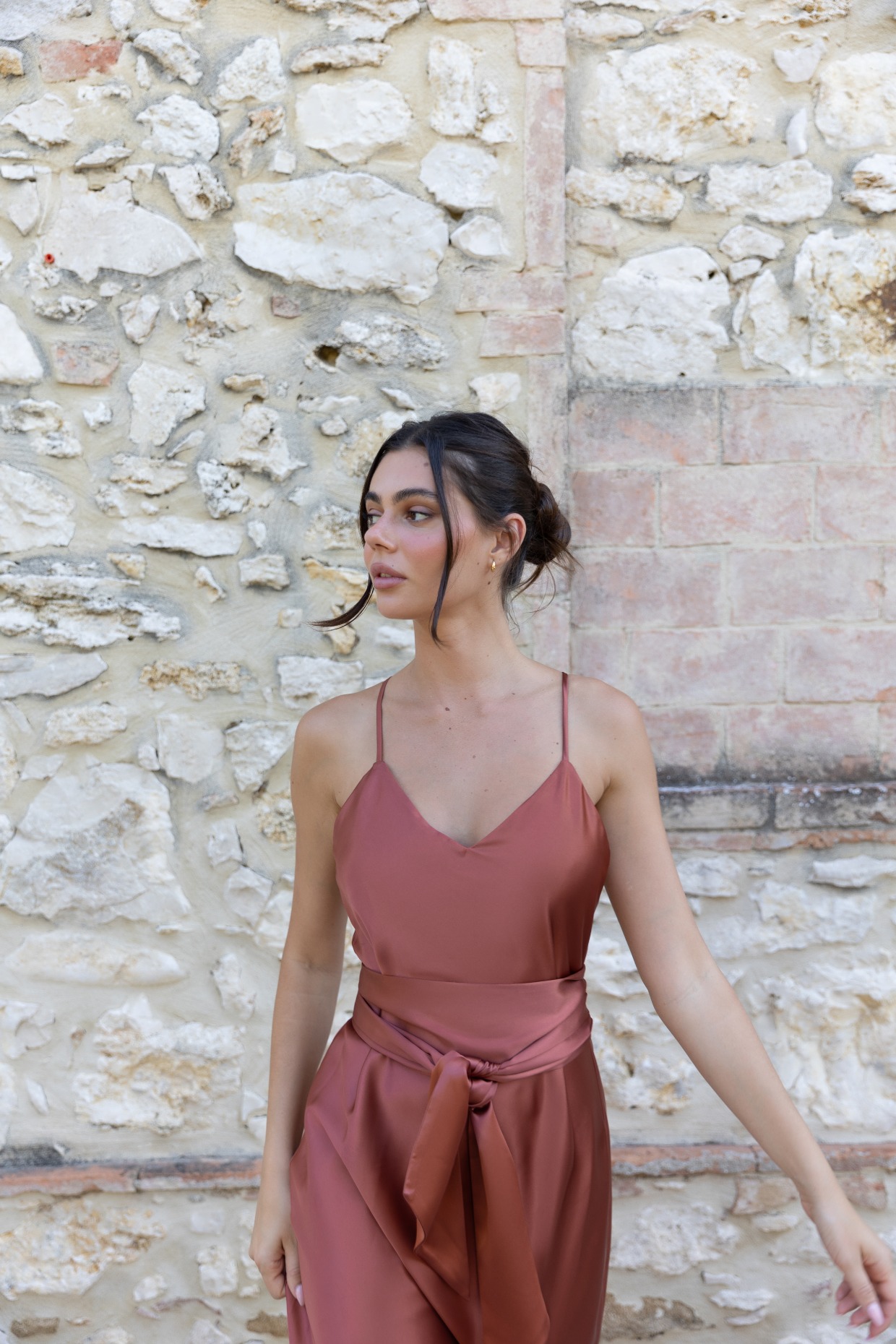 terracotta satin bridesmaid dress