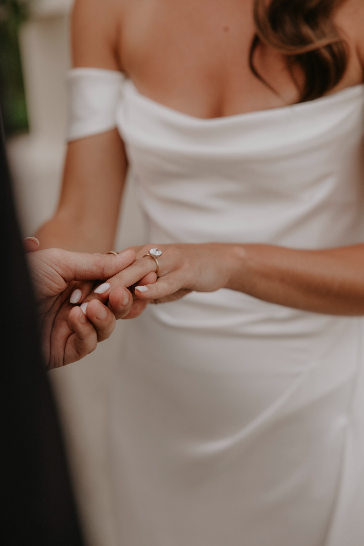 satin off the shoulder wedding gown