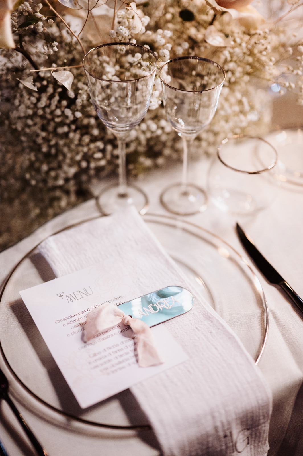 mirrored name cards for wedding reception