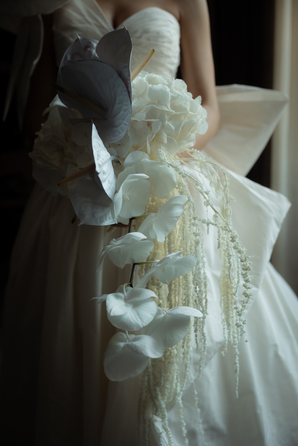 hydrangea and tropical leaf bouquet