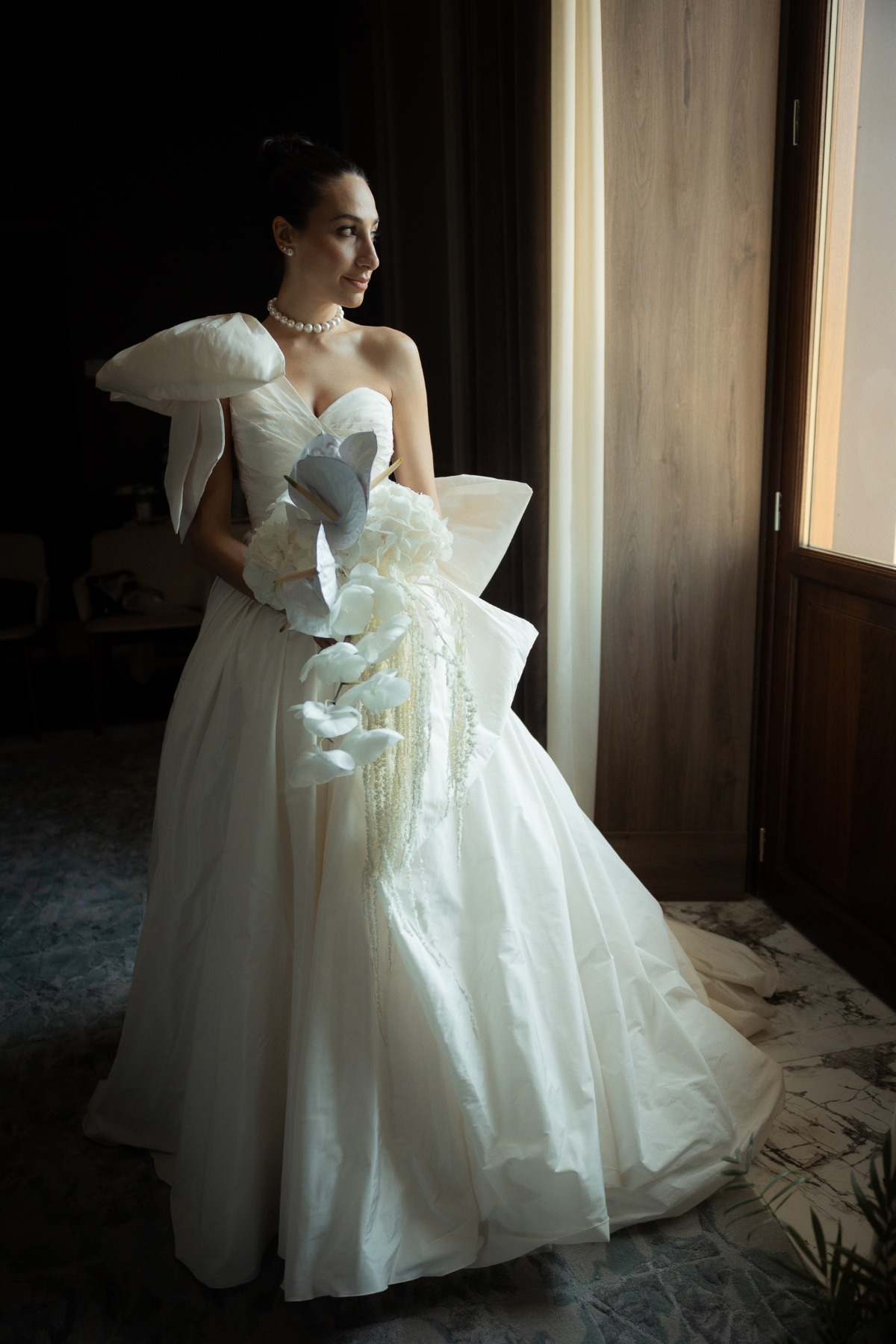 wedding dress with shoulder bow and back bow