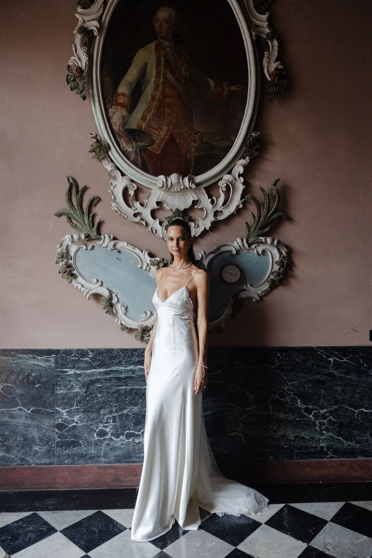 bride in silk satin slip dress