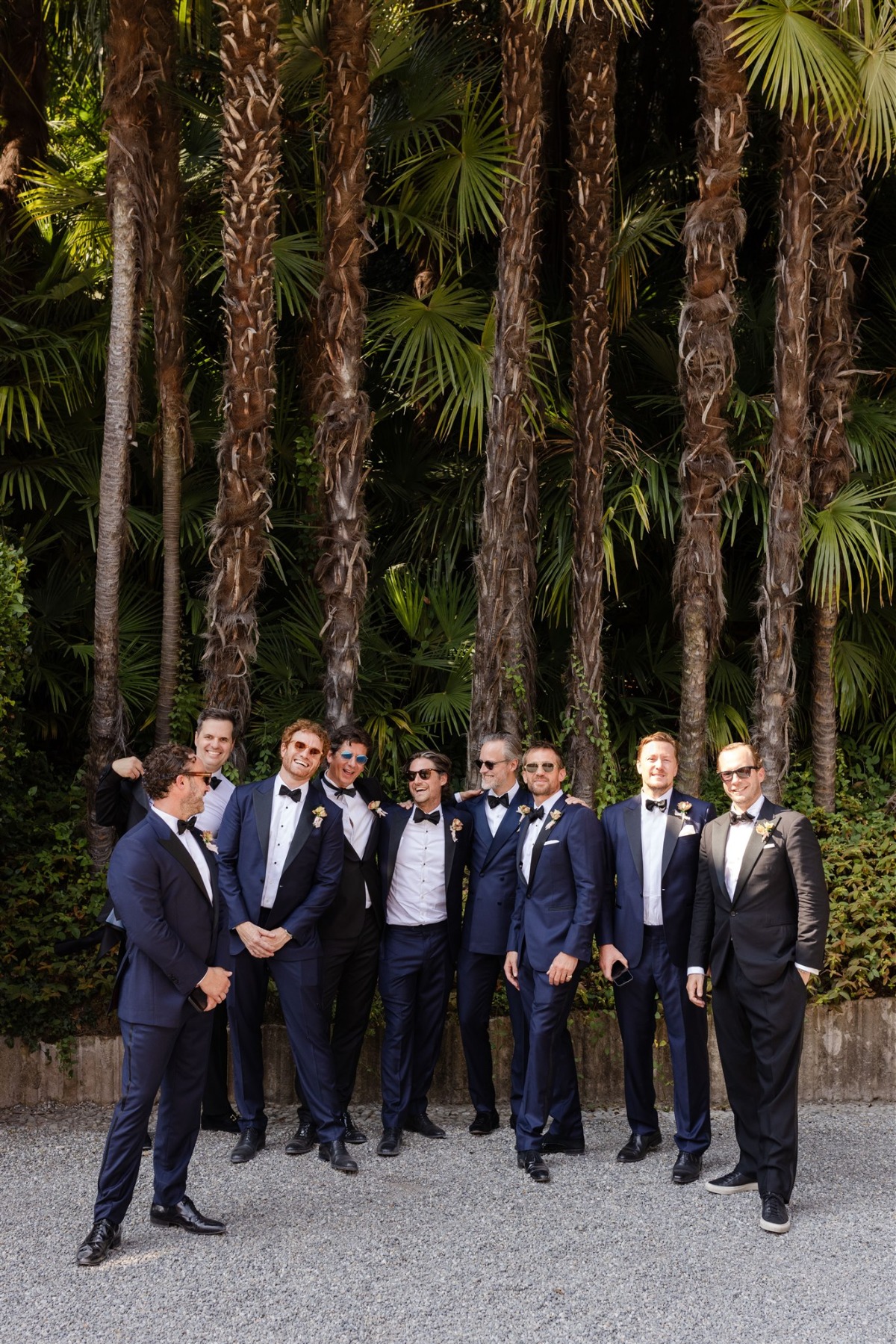 groom and groomsmen in blue tuxedos