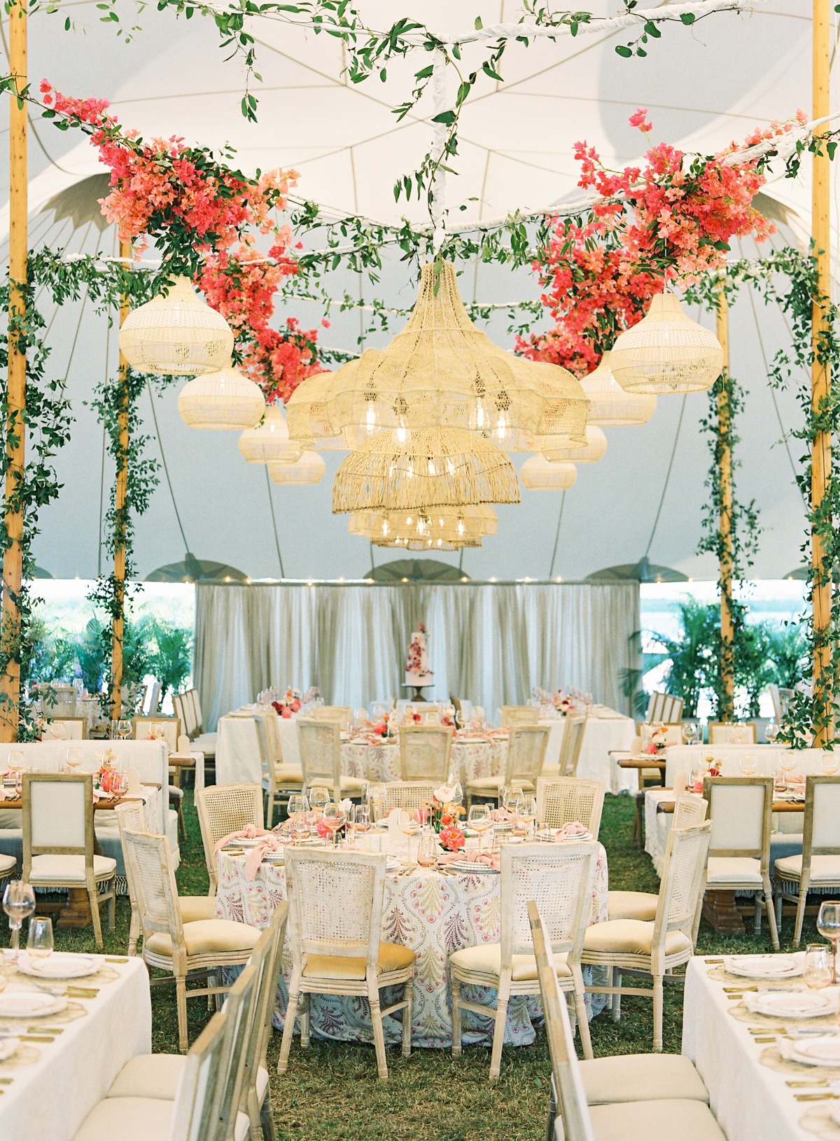 bougainvillea wedding flowers with chandeliers