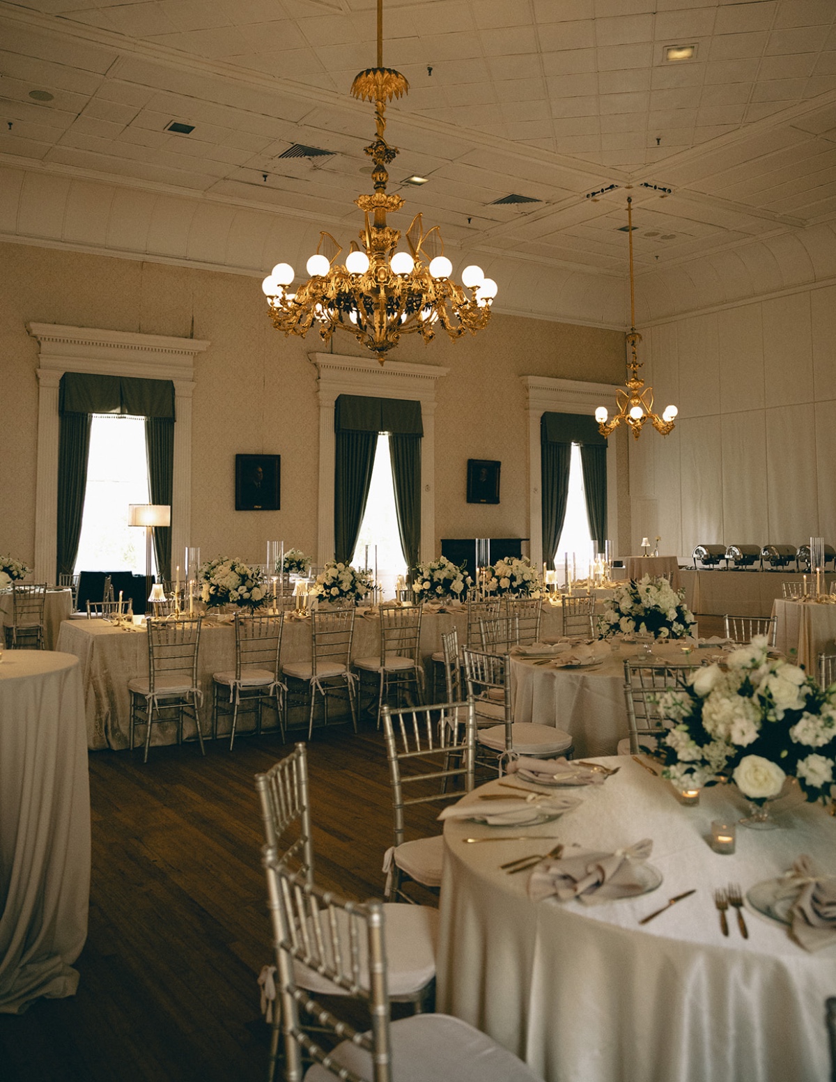 white and linen reception decor