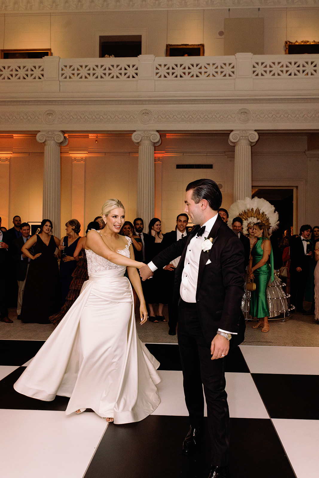 black and white checkered dance floor at wedding