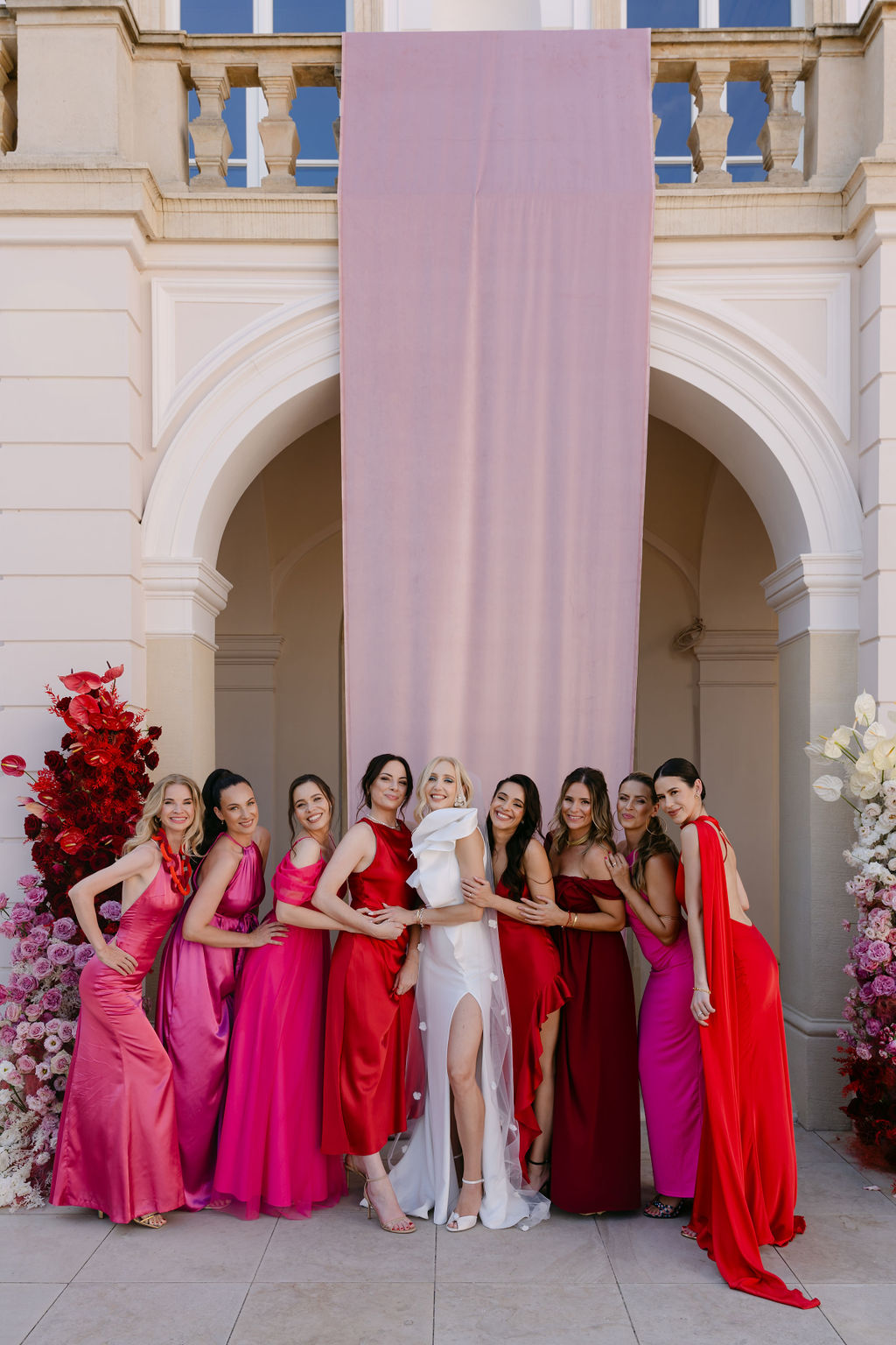 pink and red bridesmaid dresses