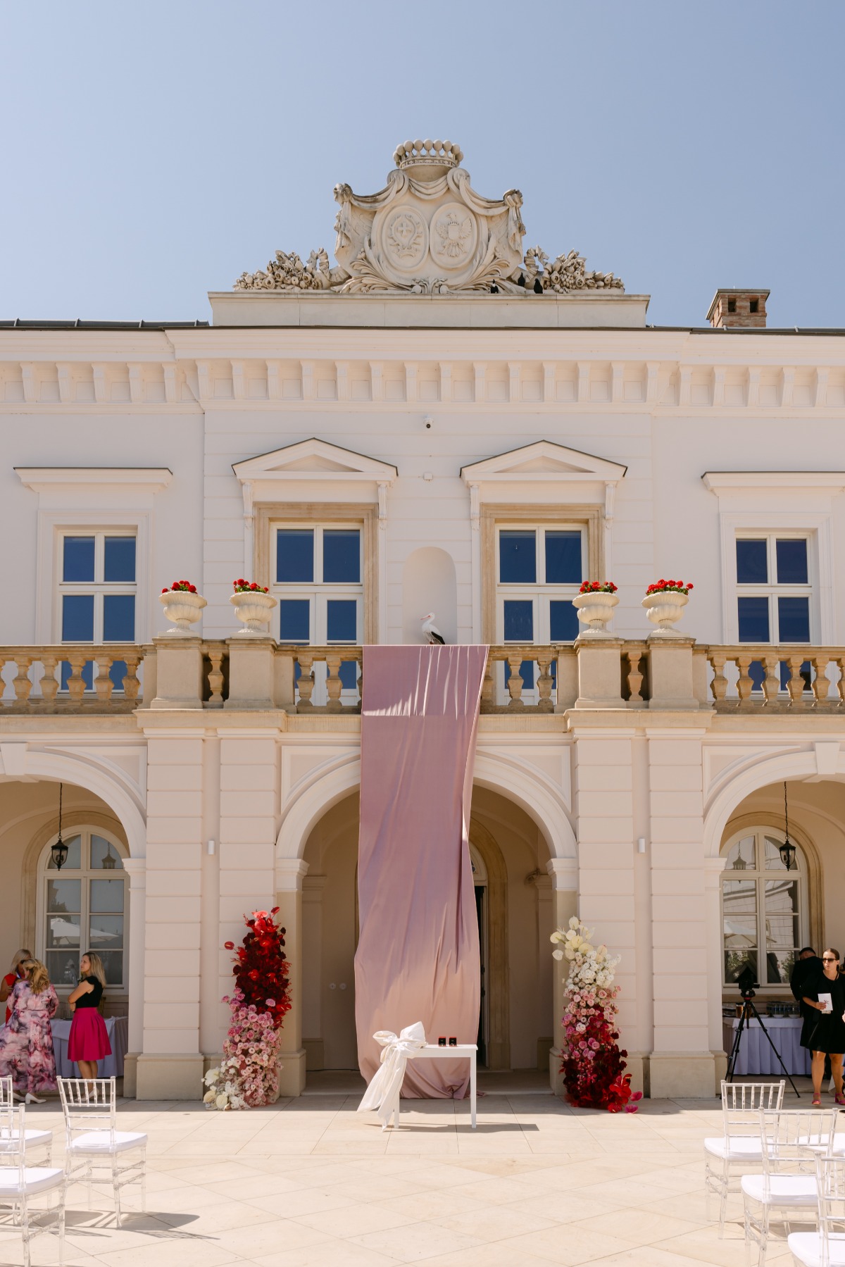 dramatic castle wedding in courtyard