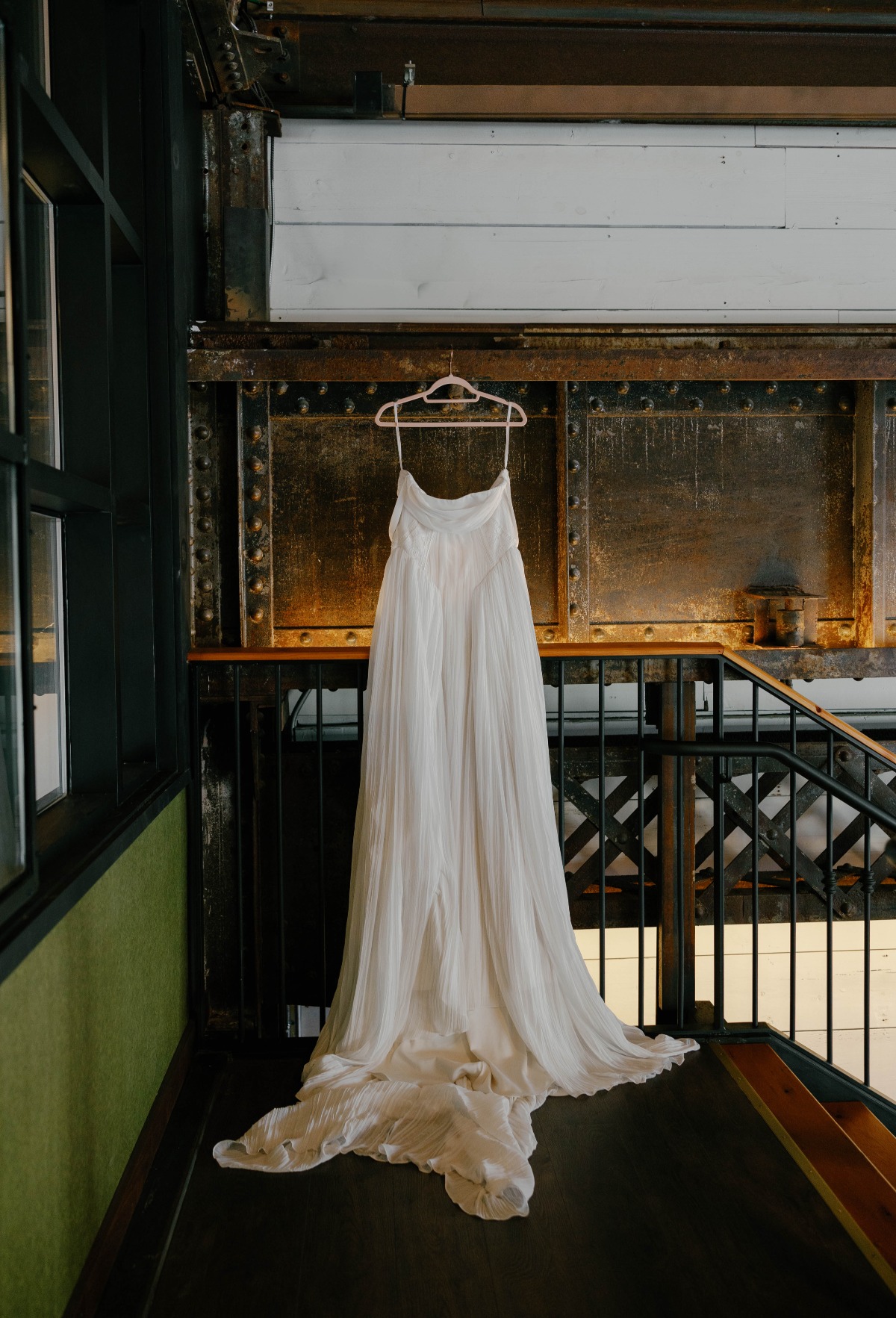 romantic wedding dress in an industrial venue