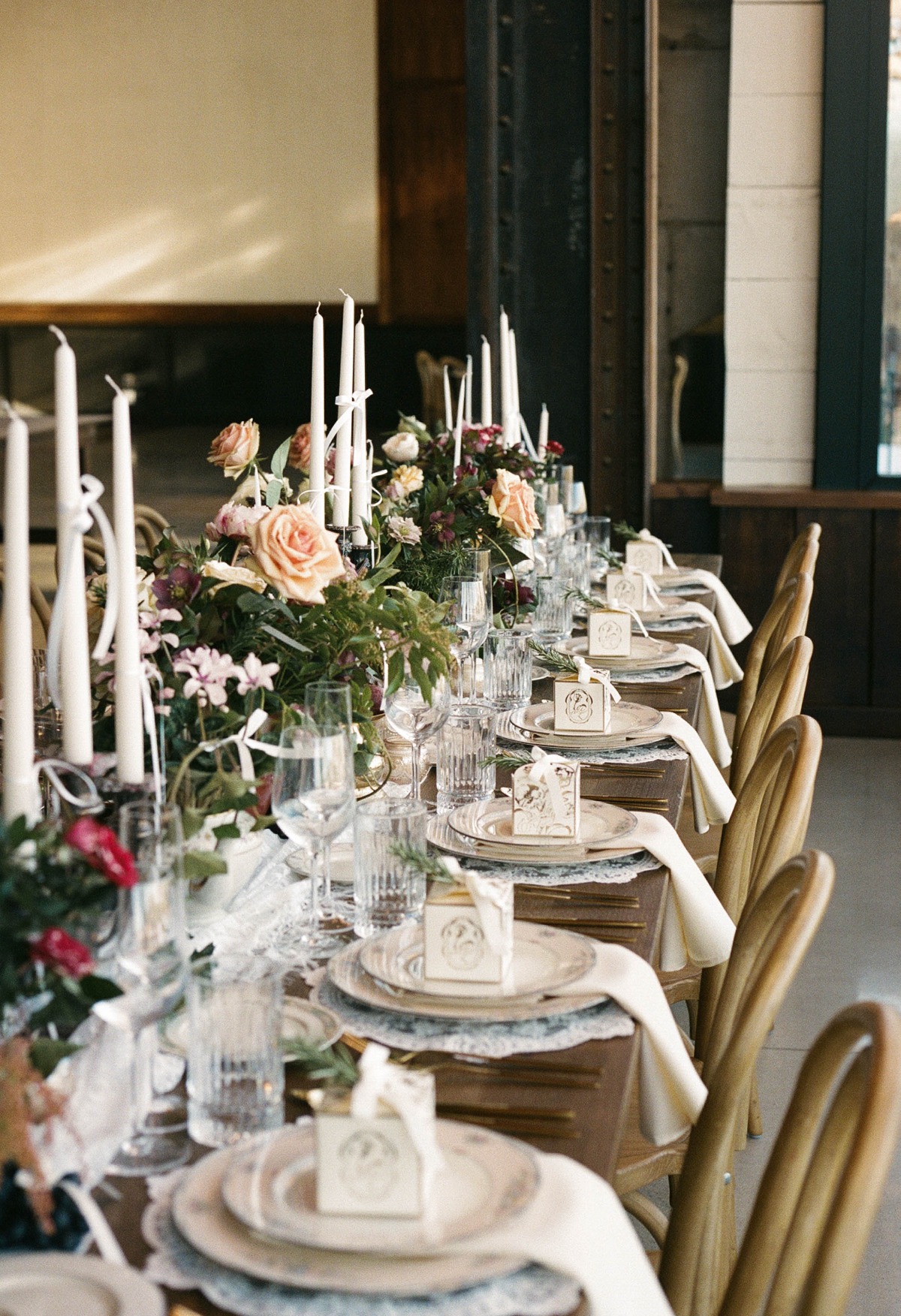 fall wedding flowers with fresh produce on table