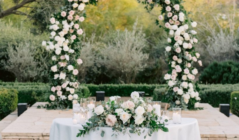 Classic blush and ivory wedding in arizona with an epic mountain view