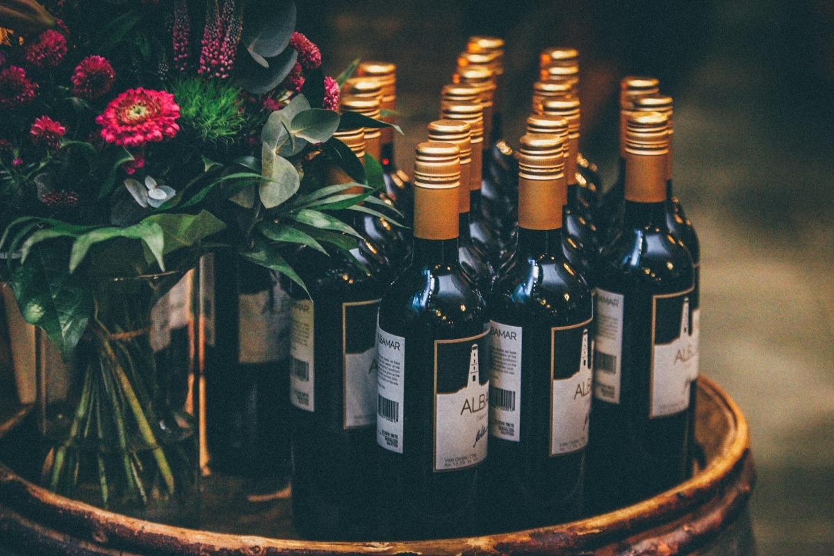 Tray of wine bottles