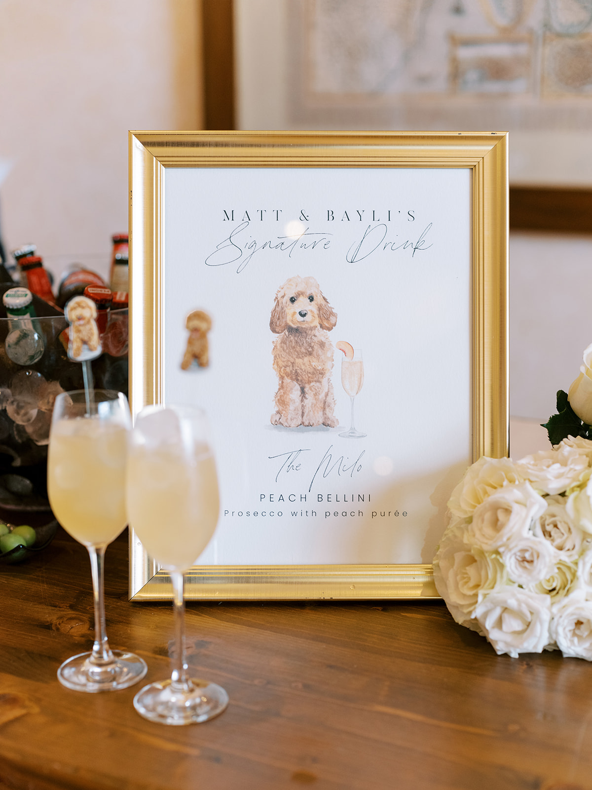 signature drink at wedding with dog art