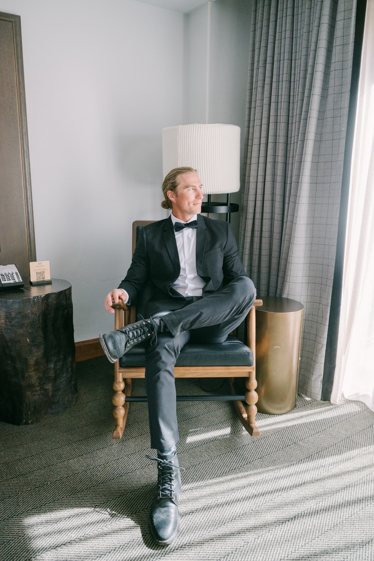 groom wearing hiking boots for wedding