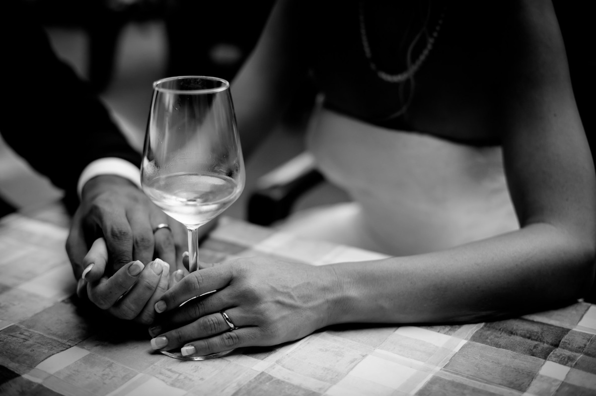 black and white photo of bride and groom