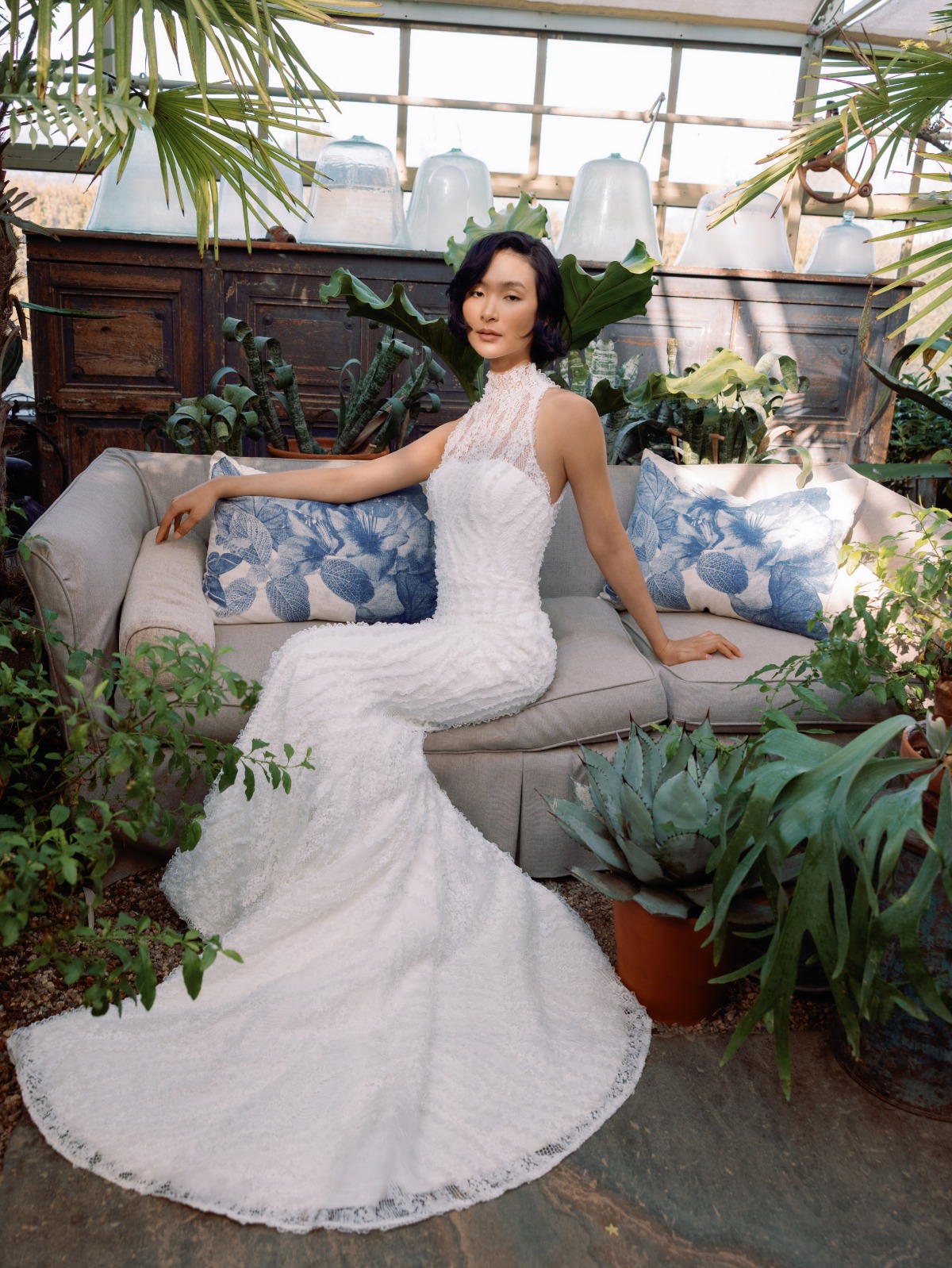 bride wearing halter wedding dress