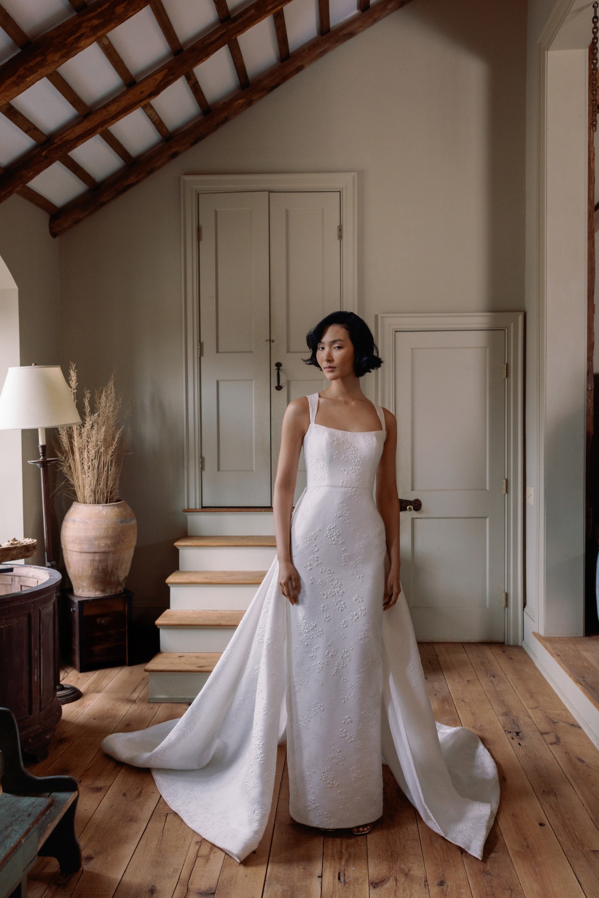 bride wearing crepe wedding dress