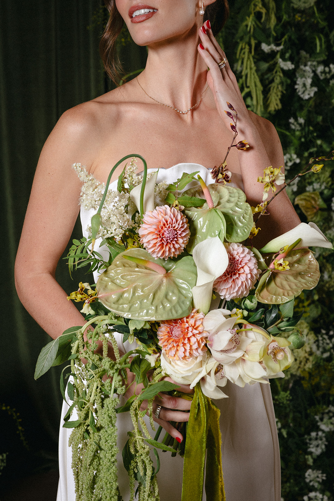 pink green and ivory exotic wedding bouquet