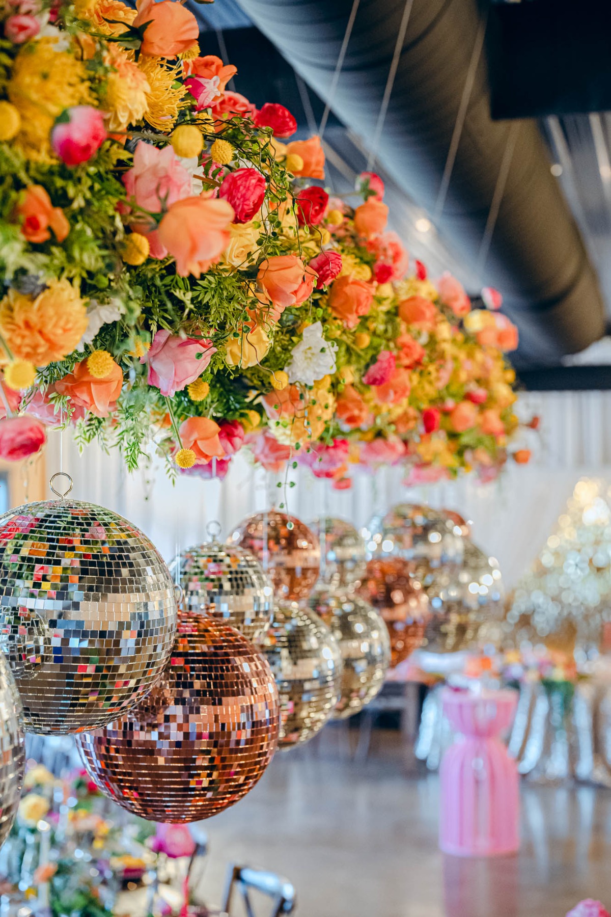 pink and orange disco themed wedding