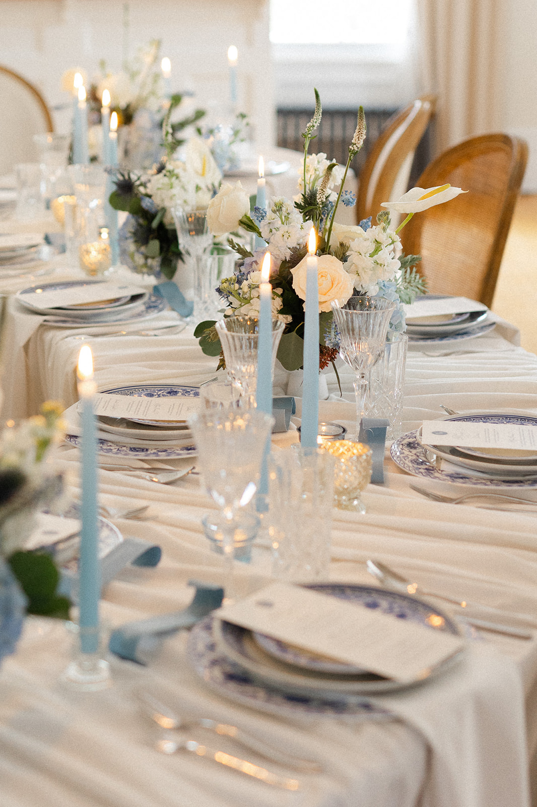 blue tapered candles for centerpieces