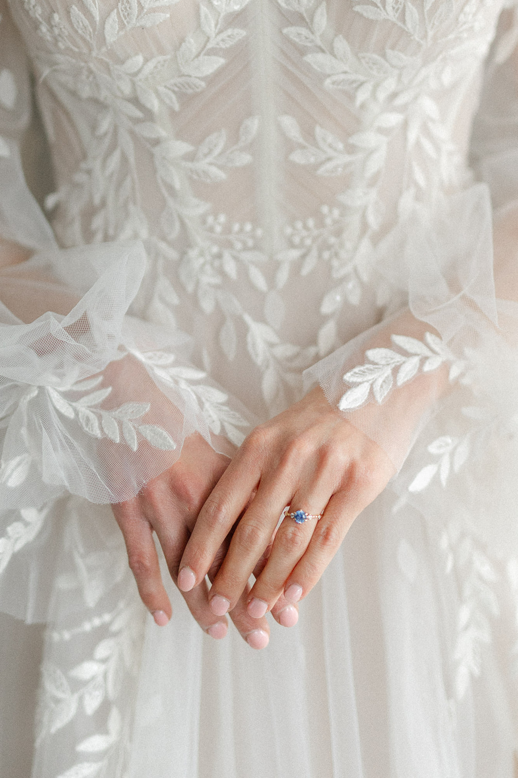 sheer floral applique getting ready dress